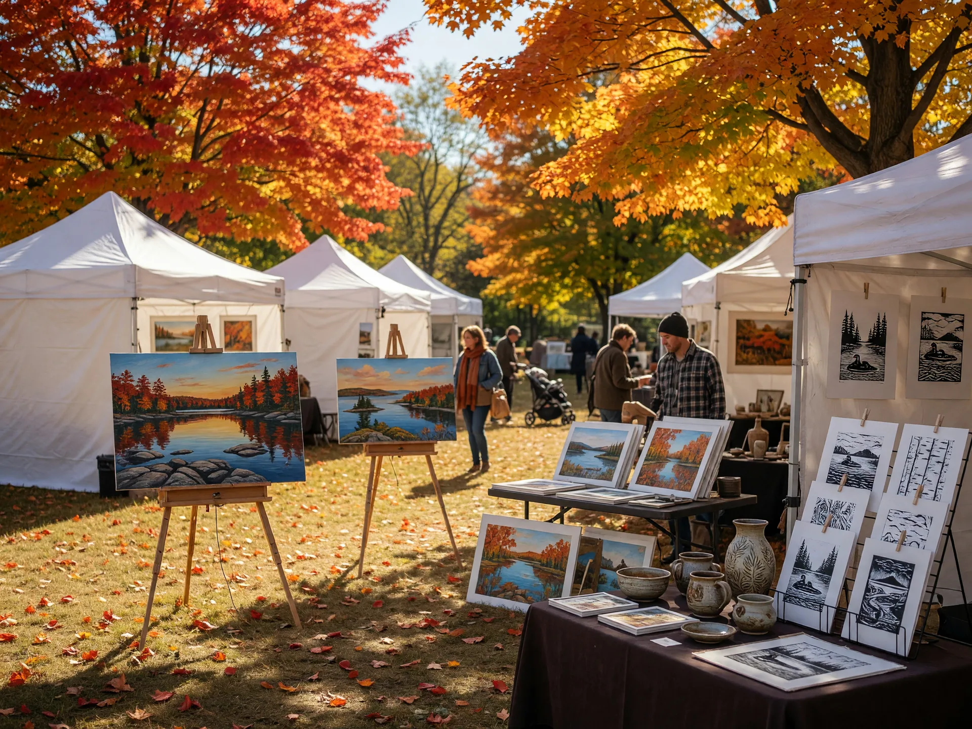 An outdoor fall art festival in a tree-lined Ontario park clearing with white display tents on golden grass, easels of landscape and lake paintings, pottery and prints on tables, and maples in full autumn colour under dappled October sunlight