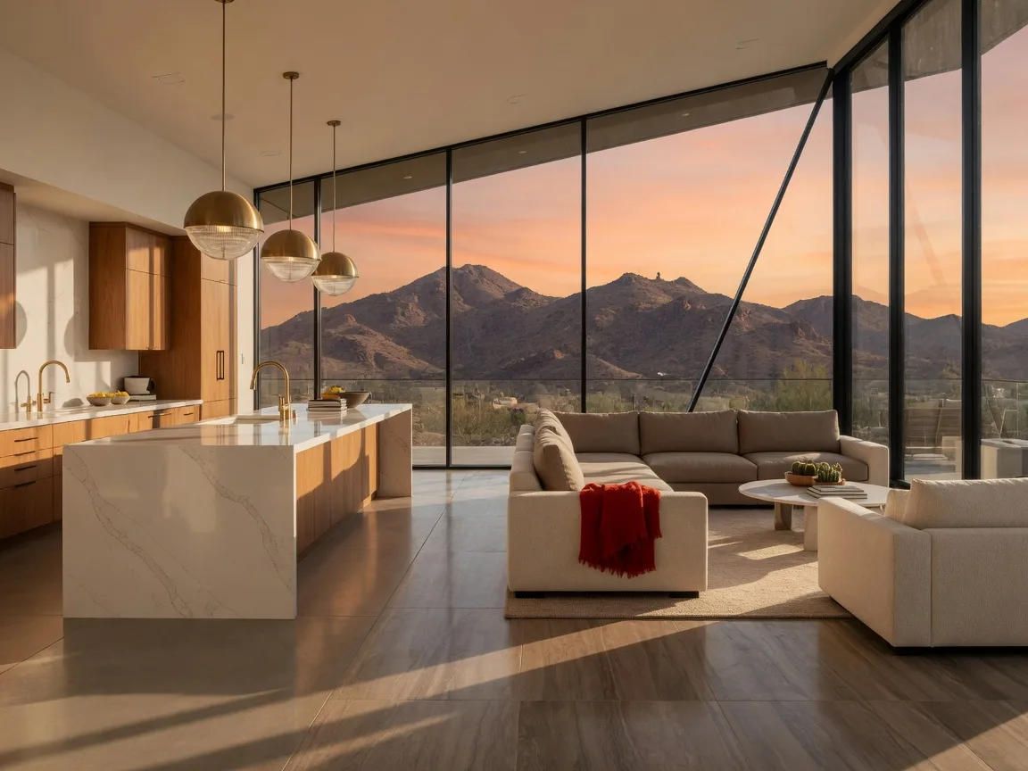 A renovated Phoenix luxury great room with floor-to-ceiling glass walls, a modern quartz-island kitchen, and warm golden-hour light