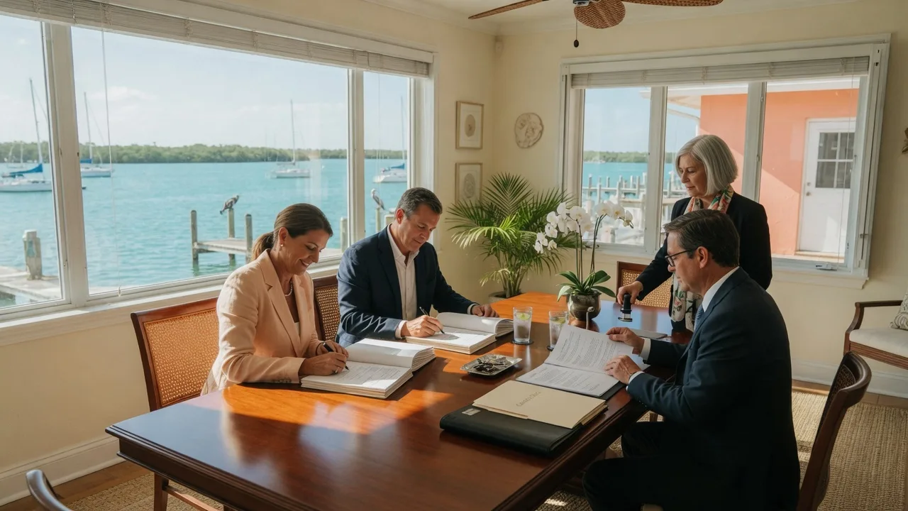 Couple signing closing documents at a mahogany table in a sunlit Florida Keys law office with a view of turquoise water through large windows