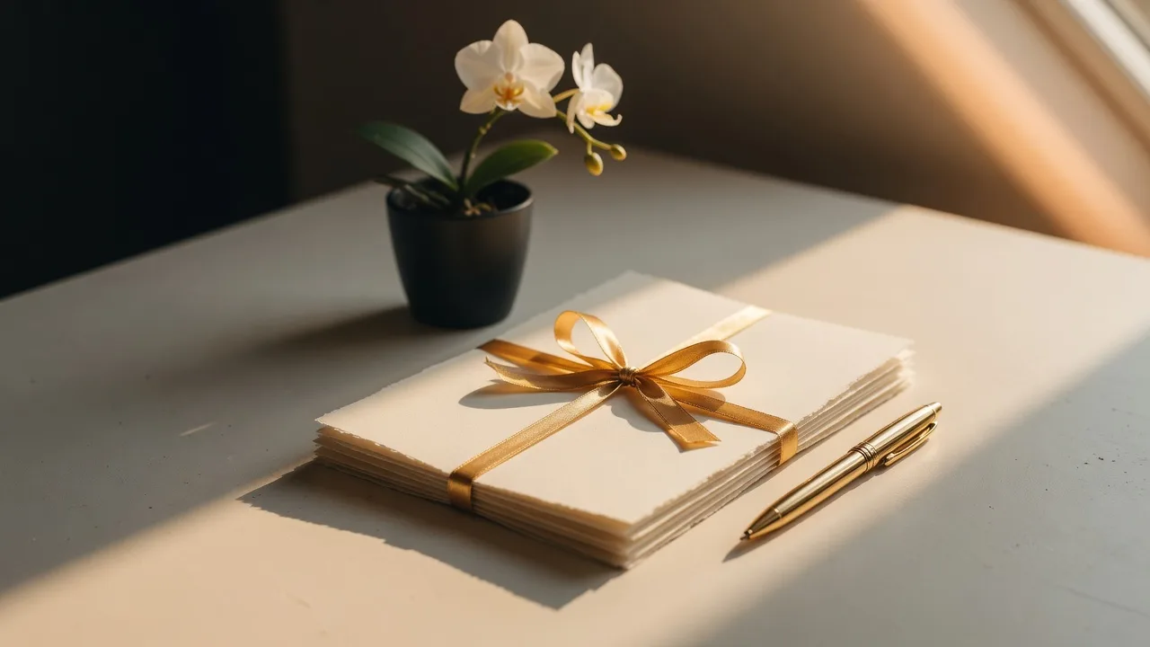 A stack of documents tied with a gold ribbon beside a gold pen and a small orchid in warm window light