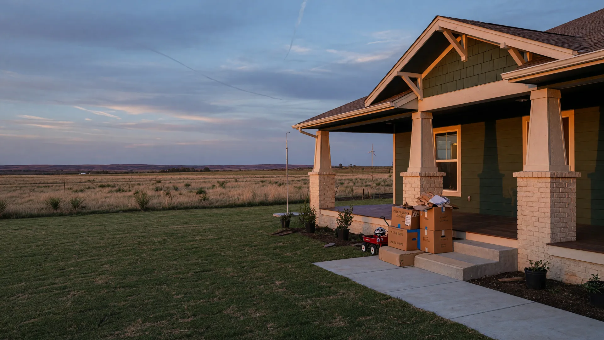 Newly built home on a large grassy homesite in Elgin, Oklahoma at dusk with moving boxes by the front steps