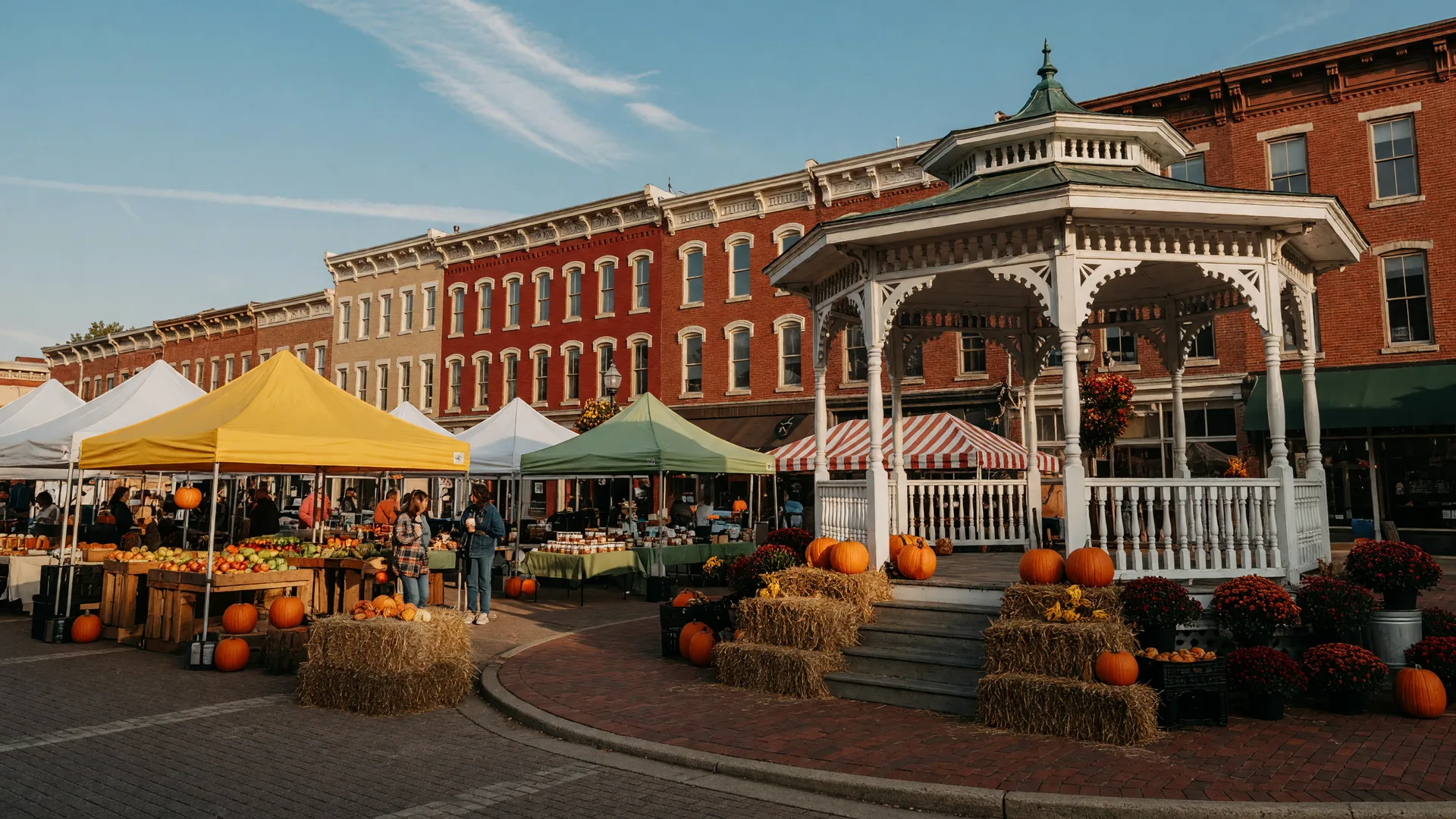 Medina's Public Square dressed for the Fall Festival with market tents, hay bales, pumpkins, and the white gazebo in golden September light