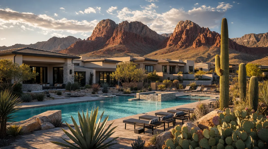 Luxury stucco and contemporary desert homes with a resort-style pool and saguaro cacti in Summerlin, with the Red Rock Canyon mountain range in the distance