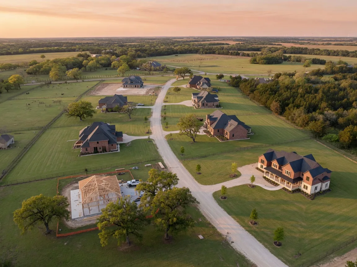 Aerial photograph of rural North Texas acreage with estate homes, representing the Bartonville estate areas
