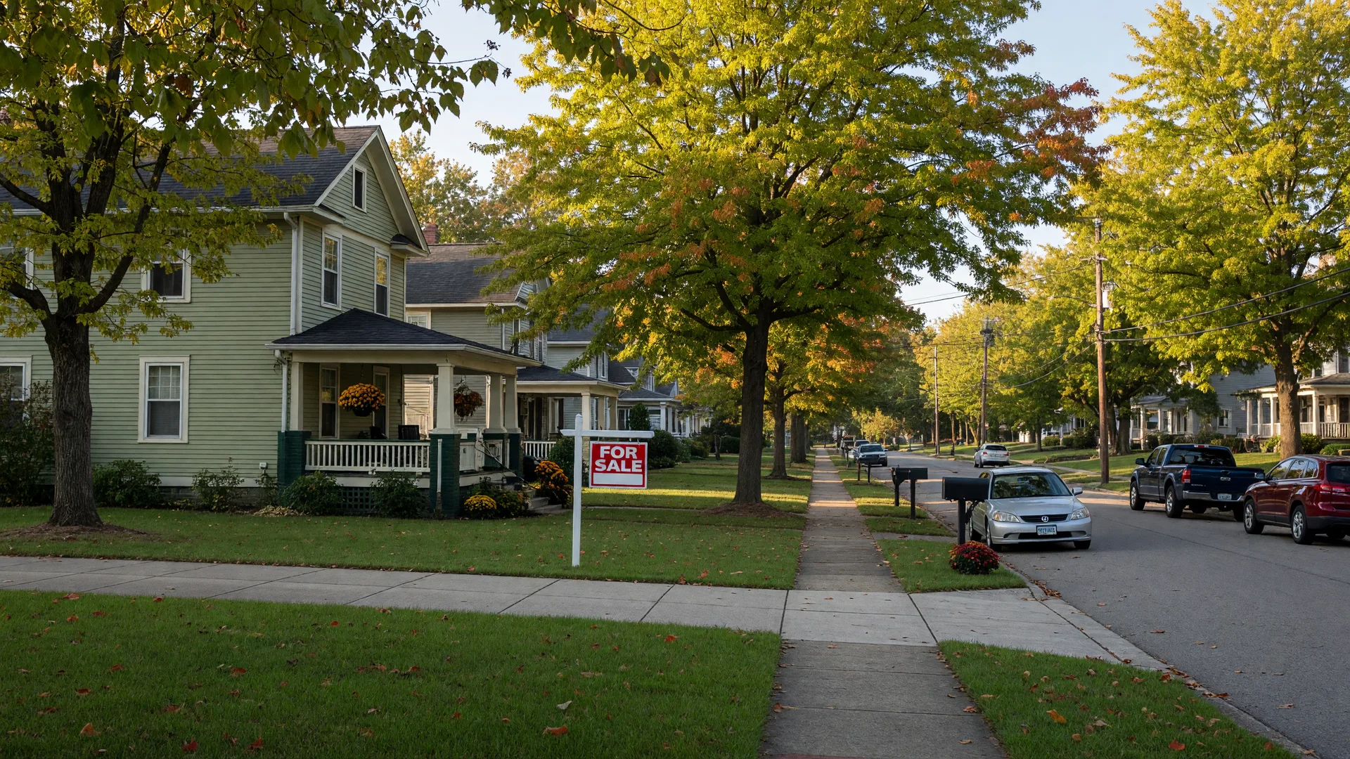 Tree-lined suburban street in Warren County, Ohio with early autumn color and a For Sale sign on a late September morning