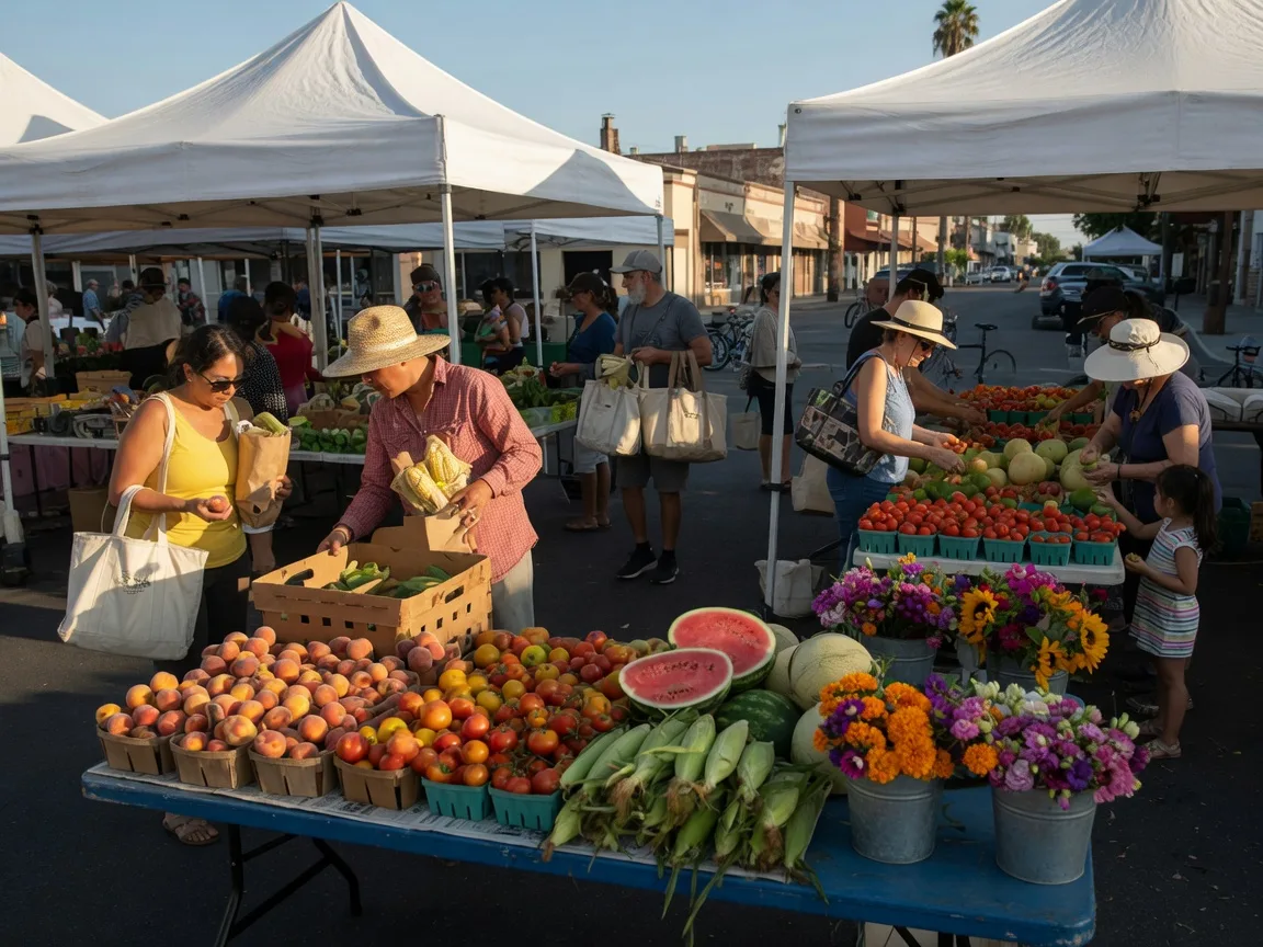 The Merced Certified Farmers Market on a bright Saturday morning, wooden crates piled with fresh peaches, tomatoes, sweet corn, melons, and cut flowers under white market tents on Canal Street in downtown Merced