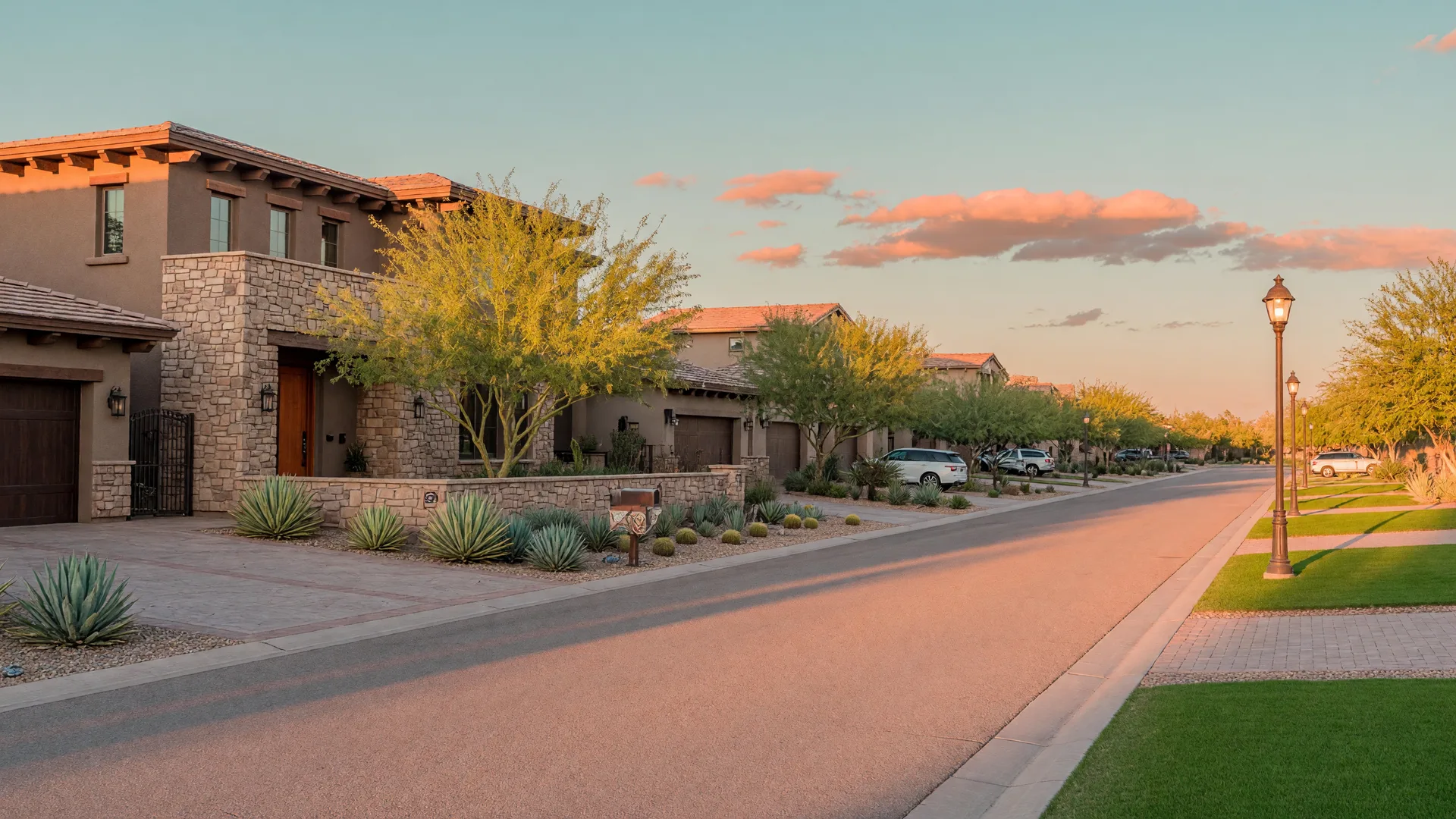 A quiet upscale residential street in Gilbert, Arizona at golden hour, with a luxury Southwest-style home and desert landscaping