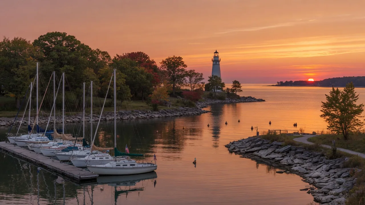 Marblehead Peninsula shoreline at sunset with sailboats and the lighthouse silhouette in the distance