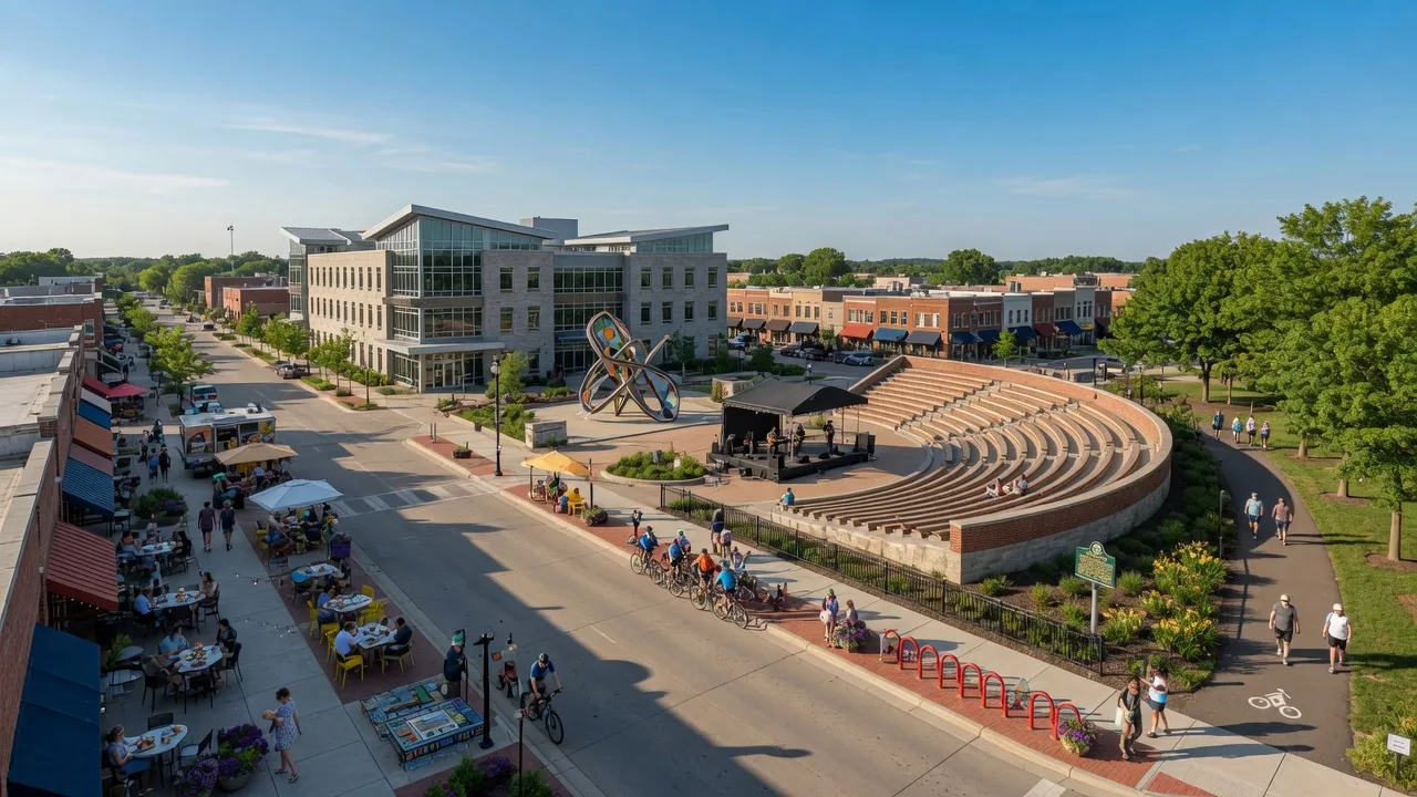 Fishers' downtown Nickel Plate District with the City Hall, amphitheater, and vibrant street-level activity