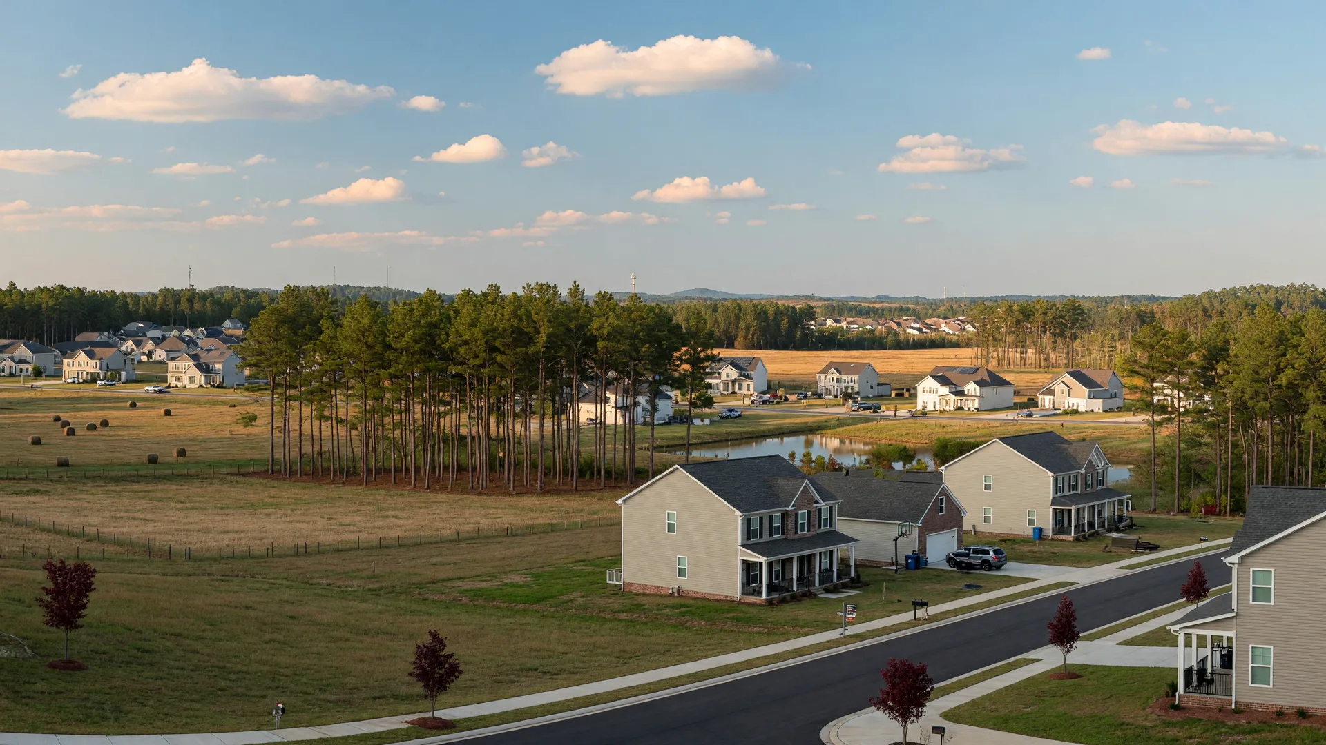 Willow Springs, North Carolina suburban landscape with homes and open fields