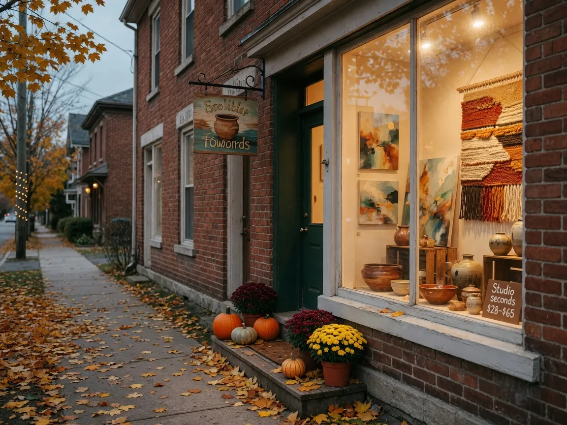 A cozy artist-run gallery shopfront on a heritage village street in late autumn, with a warmly lit window display of pottery, paintings, and woven goods