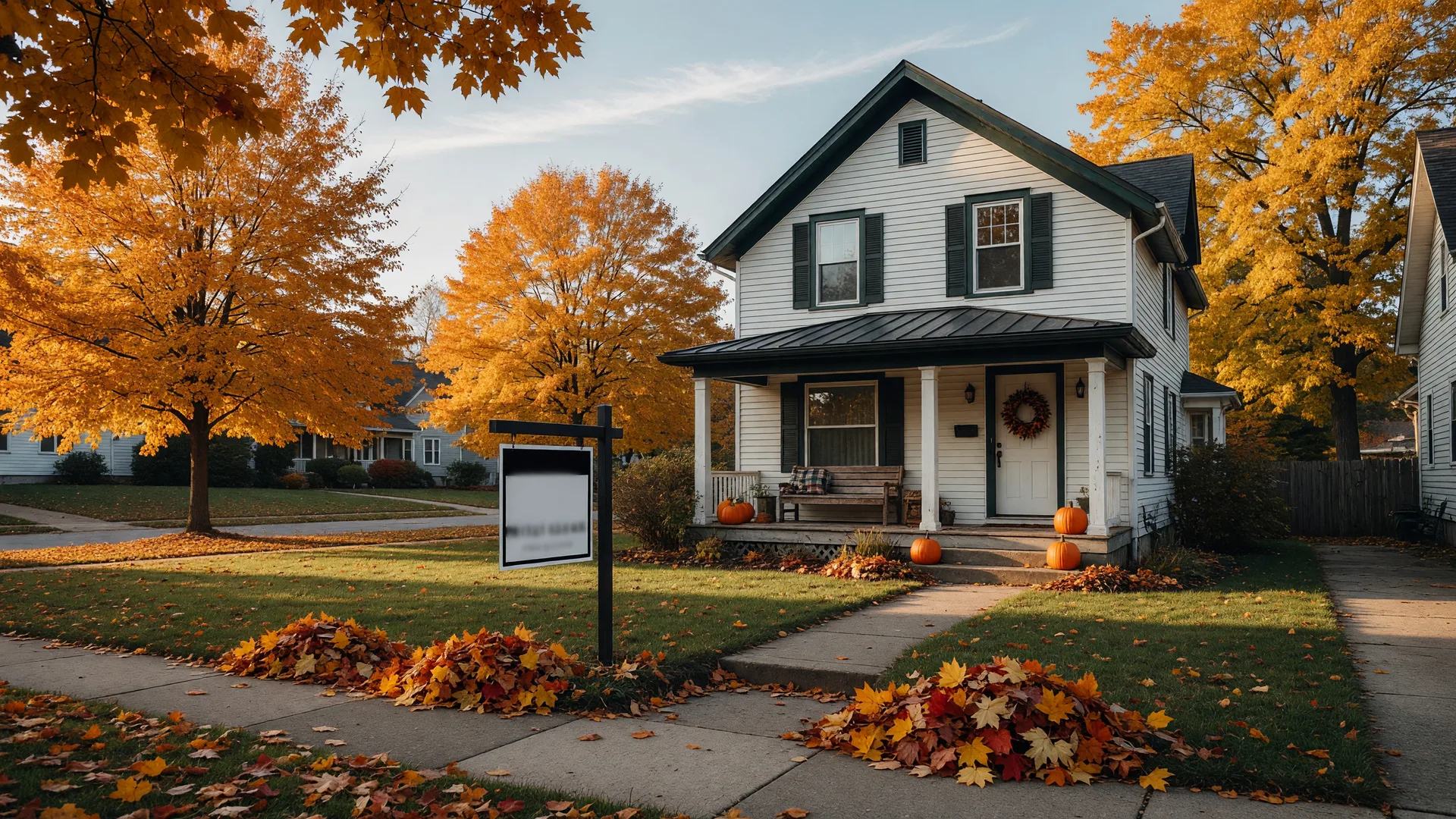 Classic two-story family home in a Northwest Indiana suburb on a clear October morning with golden maple trees in fall color, a for-sale sign in the front lawn, raked leaves, and pumpkins on the front porch steps