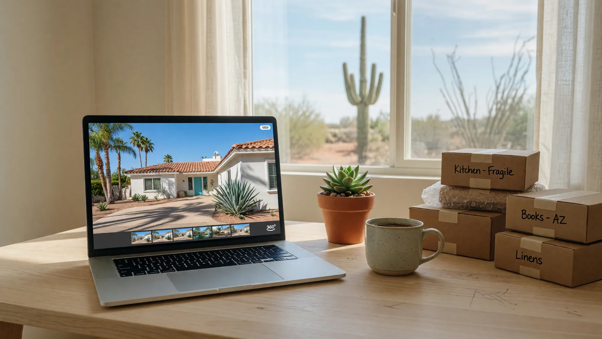 Laptop showing a virtual tour of a sunny Arizona home with packing boxes and coffee nearby, a scene from buying a home remotely