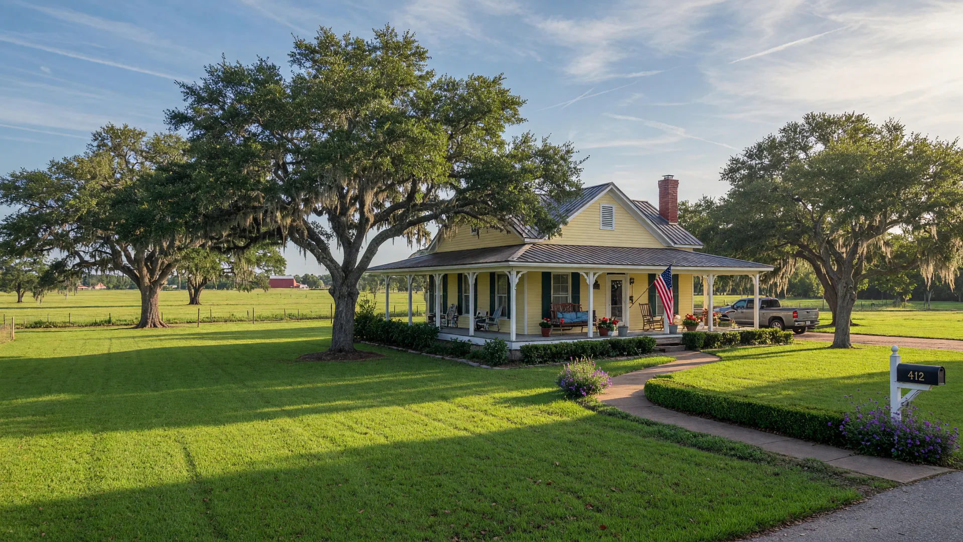 Scenic rural-suburban Texas home with porch and oak trees