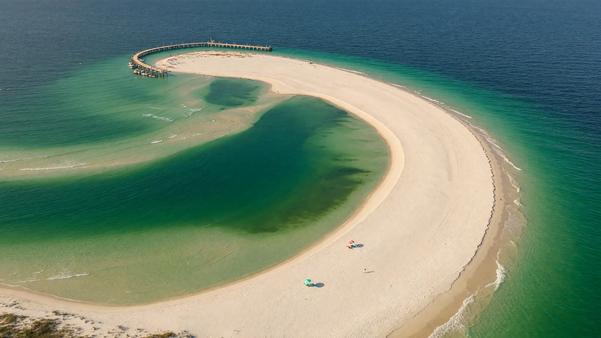 Aerial view of a crescent-shaped white sand beach on Florida's Gulf Coast near Sarasota