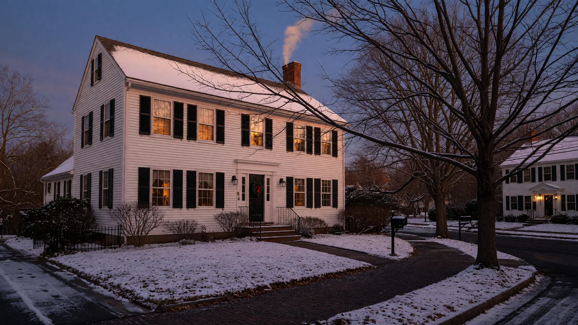 A classic white clapboard New England colonial home on a tree-lined New Haven street in early winter, with a light dusting of snow, warm glowing windows, an evergreen wreath on the door, and a wisp of chimney smoke at dusk