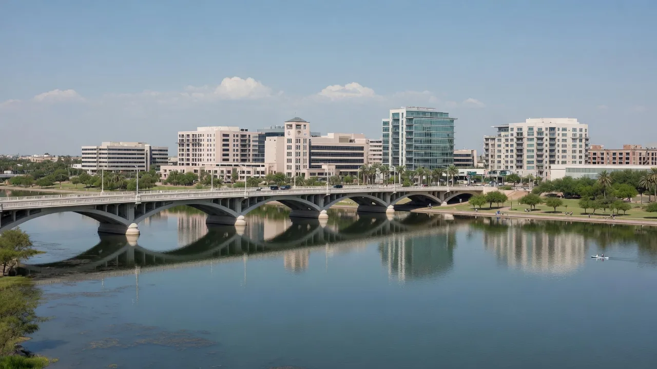 Golden hour view of Tempe Town Lake with the Mill Avenue bridge and ASU skyline beyond the water