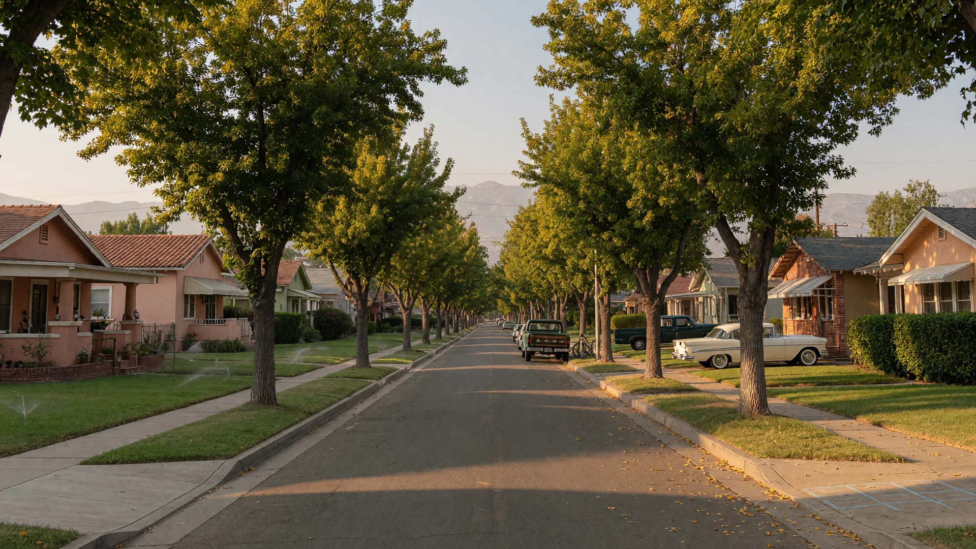 A classic Fresno residential street lined with mature trees and 1950s homes