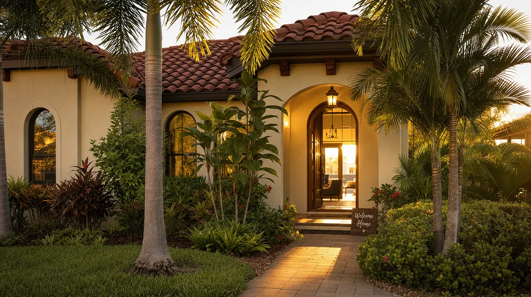 Casa estilo español en Southwest Florida con luz dorada del atardecer