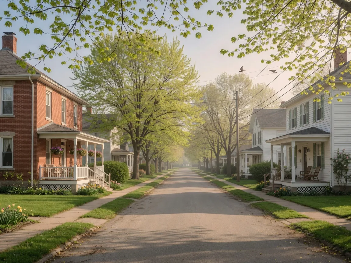 A tree-lined residential street of brick and frame homes with front porches