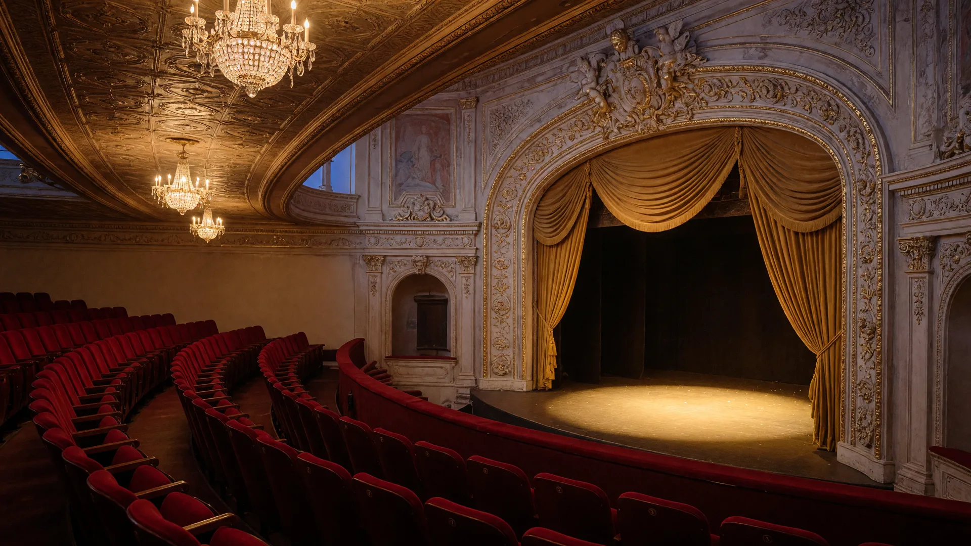 Warm evening interior of a grand restored theater with red velvet seats, a gold curtain, and amber chandeliers under an ornate ceiling
