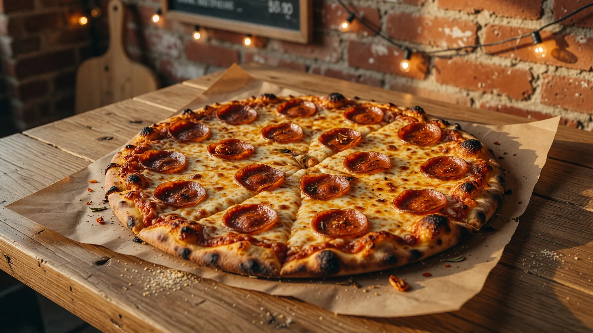 A freshly baked artisan pepperoni pizza with bubbling melted mozzarella and a charred thin crust on a wooden table in a cozy Tulsa pizzeria