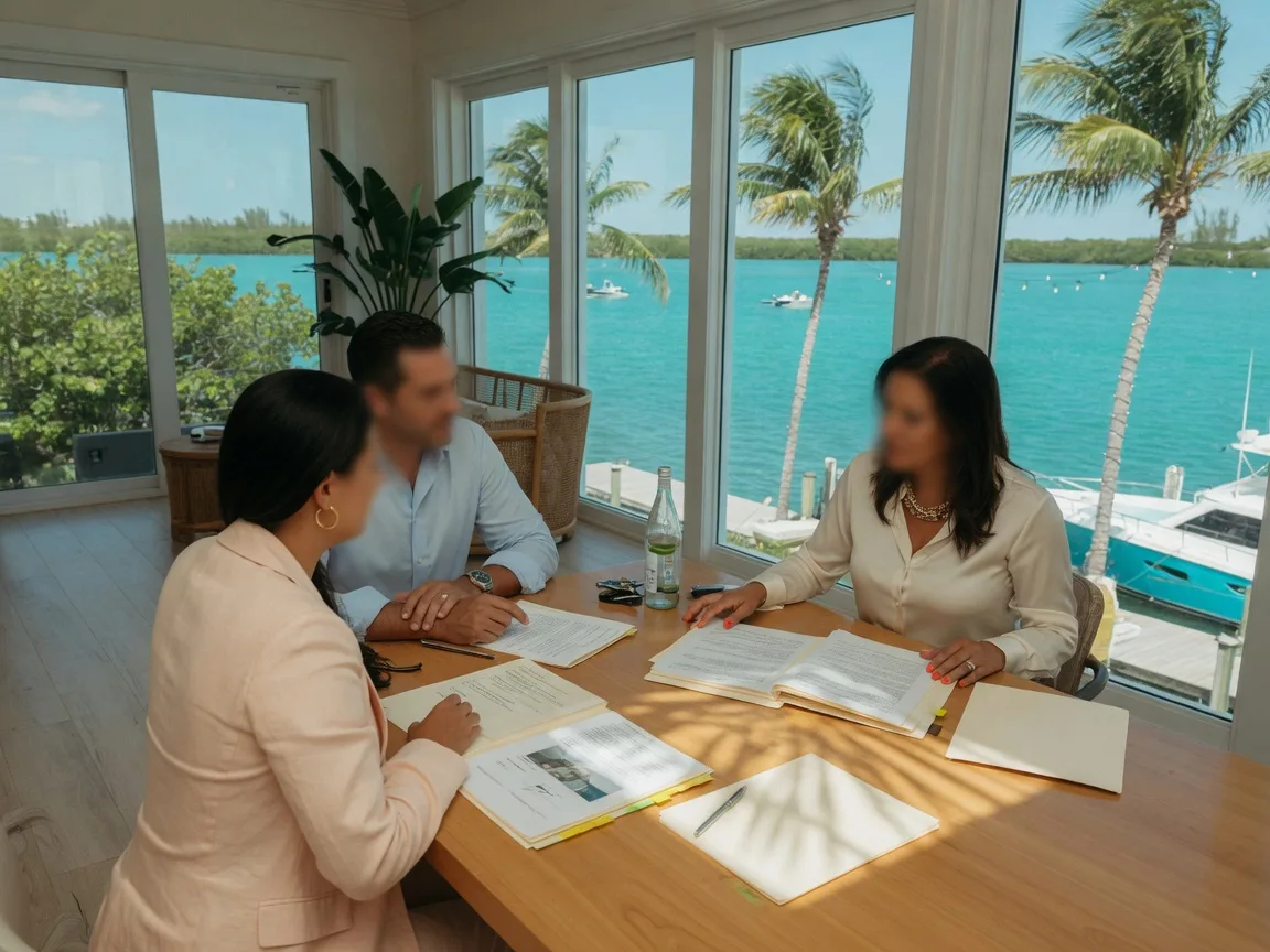 Luxury real estate closing in the Florida Keys, a couple reviewing signing documents at a sunlit conference table with an agent, turquoise water visible through floor-to-ceiling windows, warm and professional atmosphere