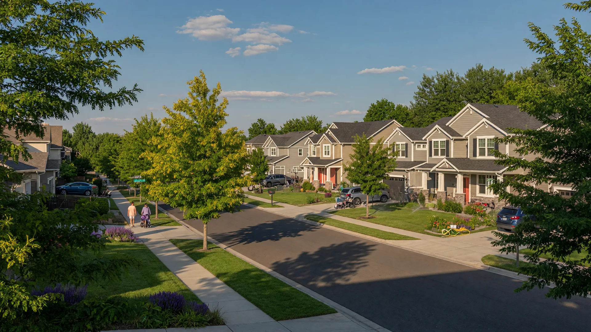 A tree-lined suburban street in South Boise with family homes, green lawns, and blue sky on a summer afternoon