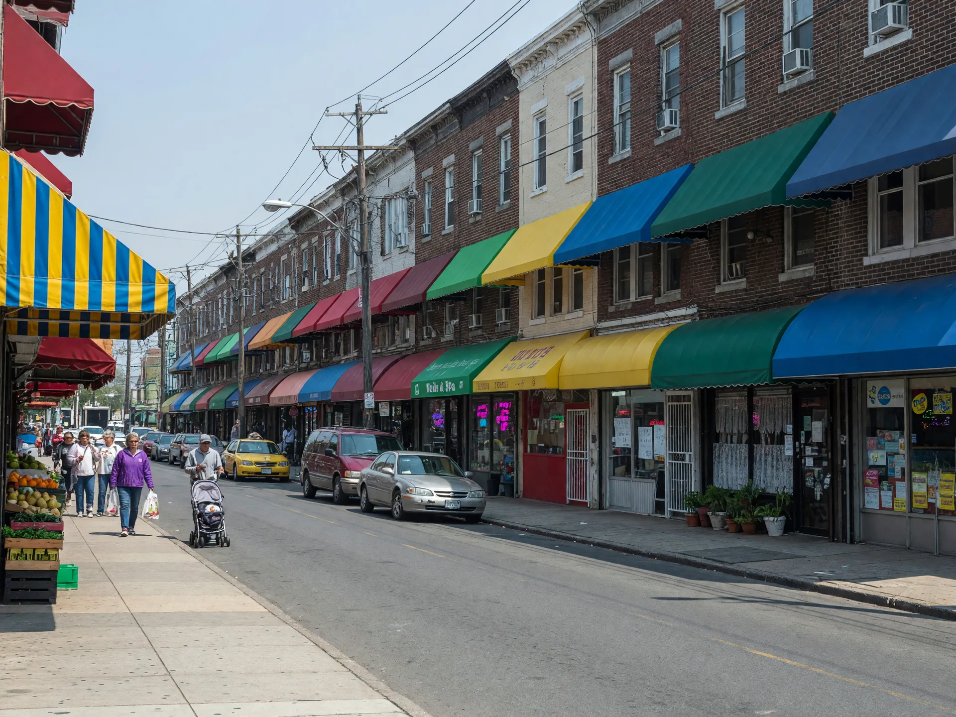 Independent storefronts with colorful awnings lining the Bustleton Avenue commercial corridor in Northeast Philadelphia