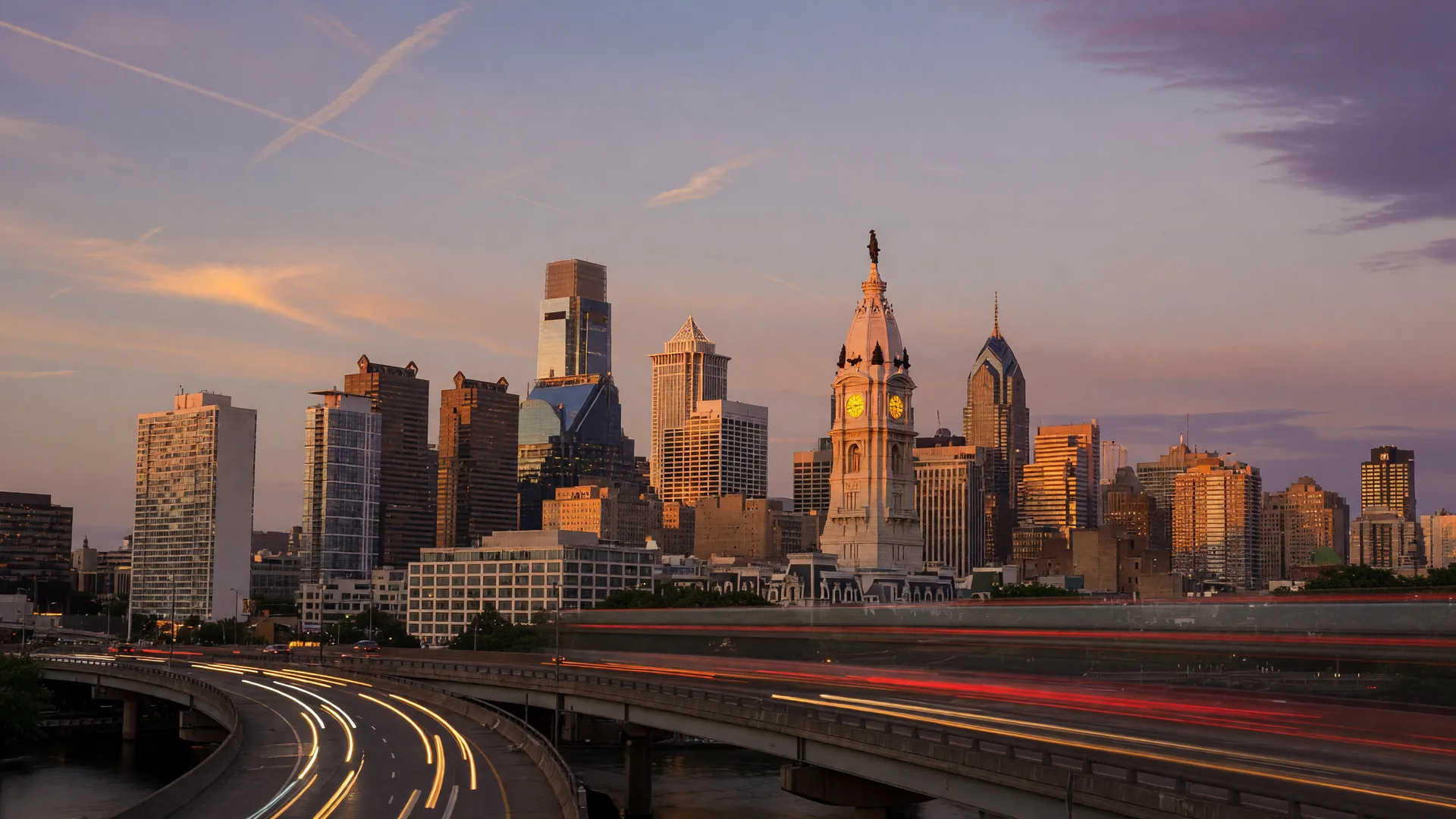 Philadelphia skyline at golden hour across the Schuylkill River