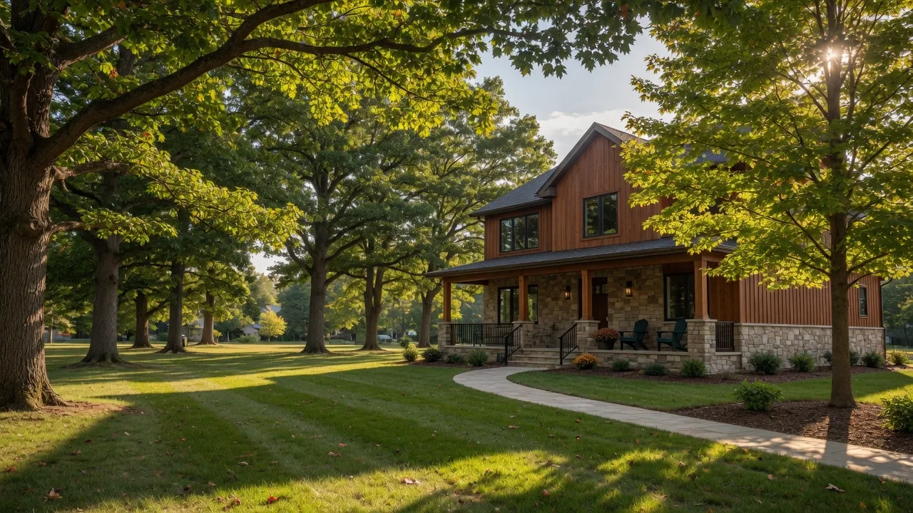 Custom new construction home on a wooded lot in Livingston County, Michigan — mature trees and natural landscape characteristic of the area