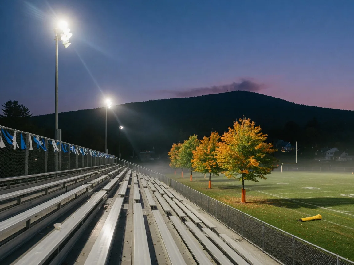 A rural Pennsylvania high-school football stadium at dusk in late September, with floodlights glowing against a deep blue sky and sugar maples just beginning to turn gold