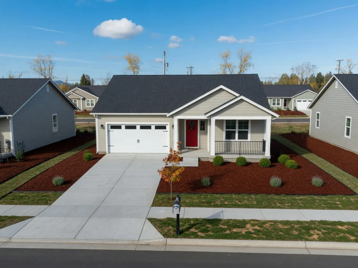 A modest single-story new home with a single-car garage and fresh low-maintenance landscaping