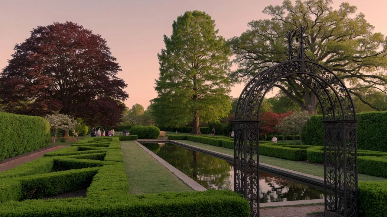 Morris Arboretum formal gardens with reflecting pool and Victorian iron arch