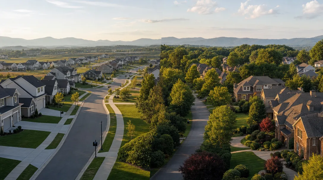 Split comparison showing modern Hardin Valley subdivision on the left and established tree-lined Farragut neighborhood on the right