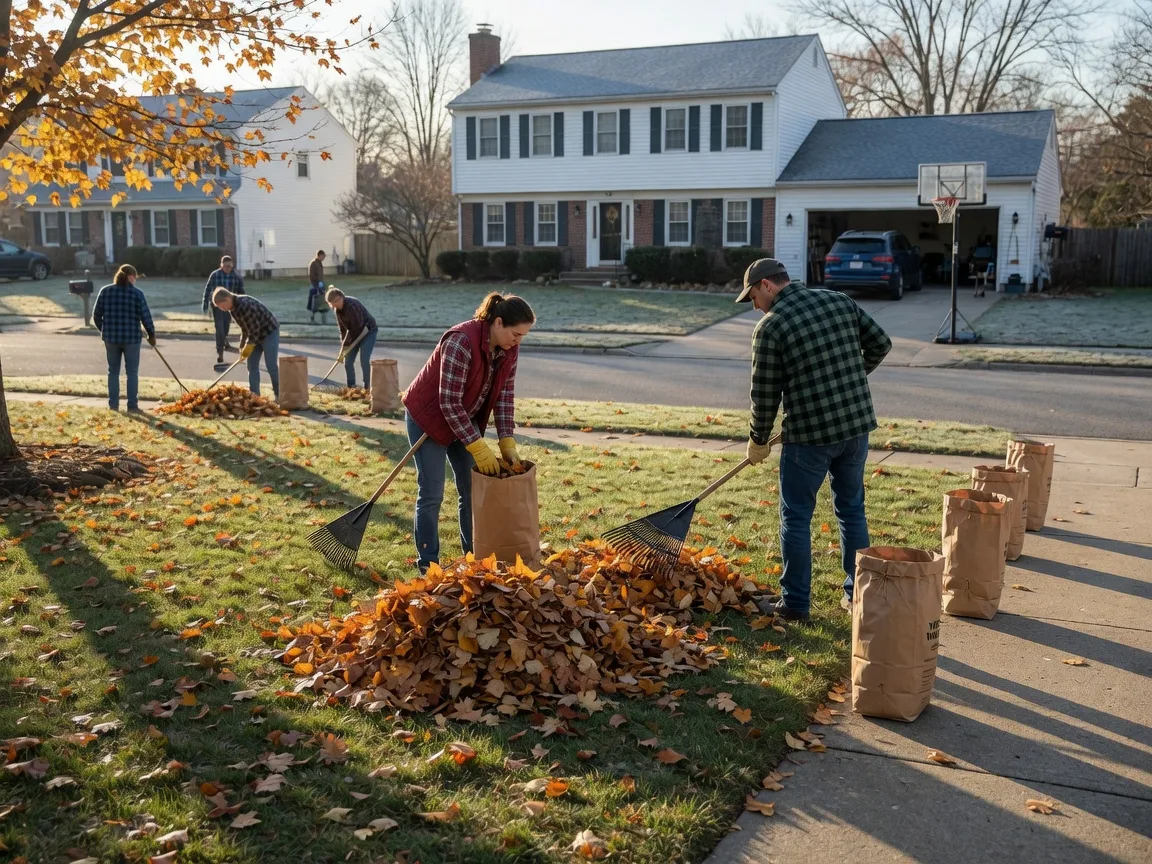 Neighbors raking and bagging golden autumn leaves on a suburban Ohio lawn on a crisp November morning