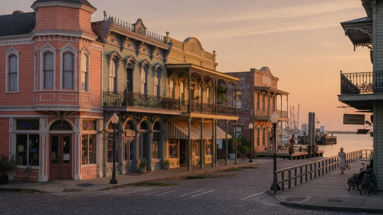 A historic Victorian downtown district on a Texas island during golden hour