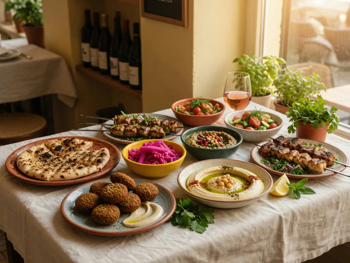 A Mediterranean table spread with flatbread, falafel, hummus, and grilled skewers on rustic ceramic plates in warm window light