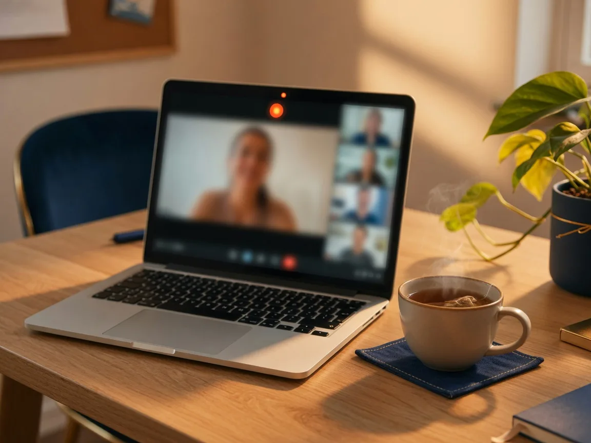 Open laptop on a desk with a video call on screen beside a steaming cup of tea