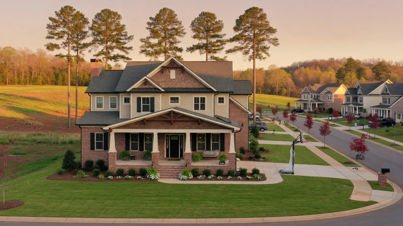 New construction traditional and craftsman homes in the Auburn area with Piedmont rolling terrain and pine trees