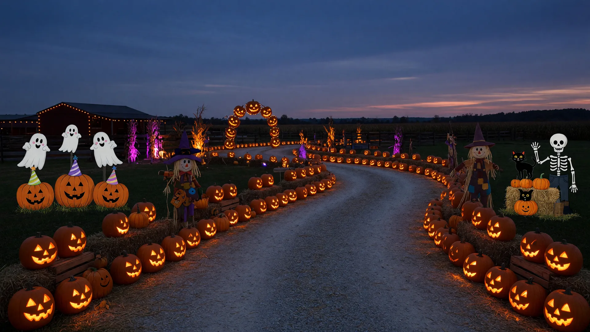 A family-friendly Halloween drive-thru at an Ohio farm park at dusk with glowing jack-o'-lanterns and hay bales