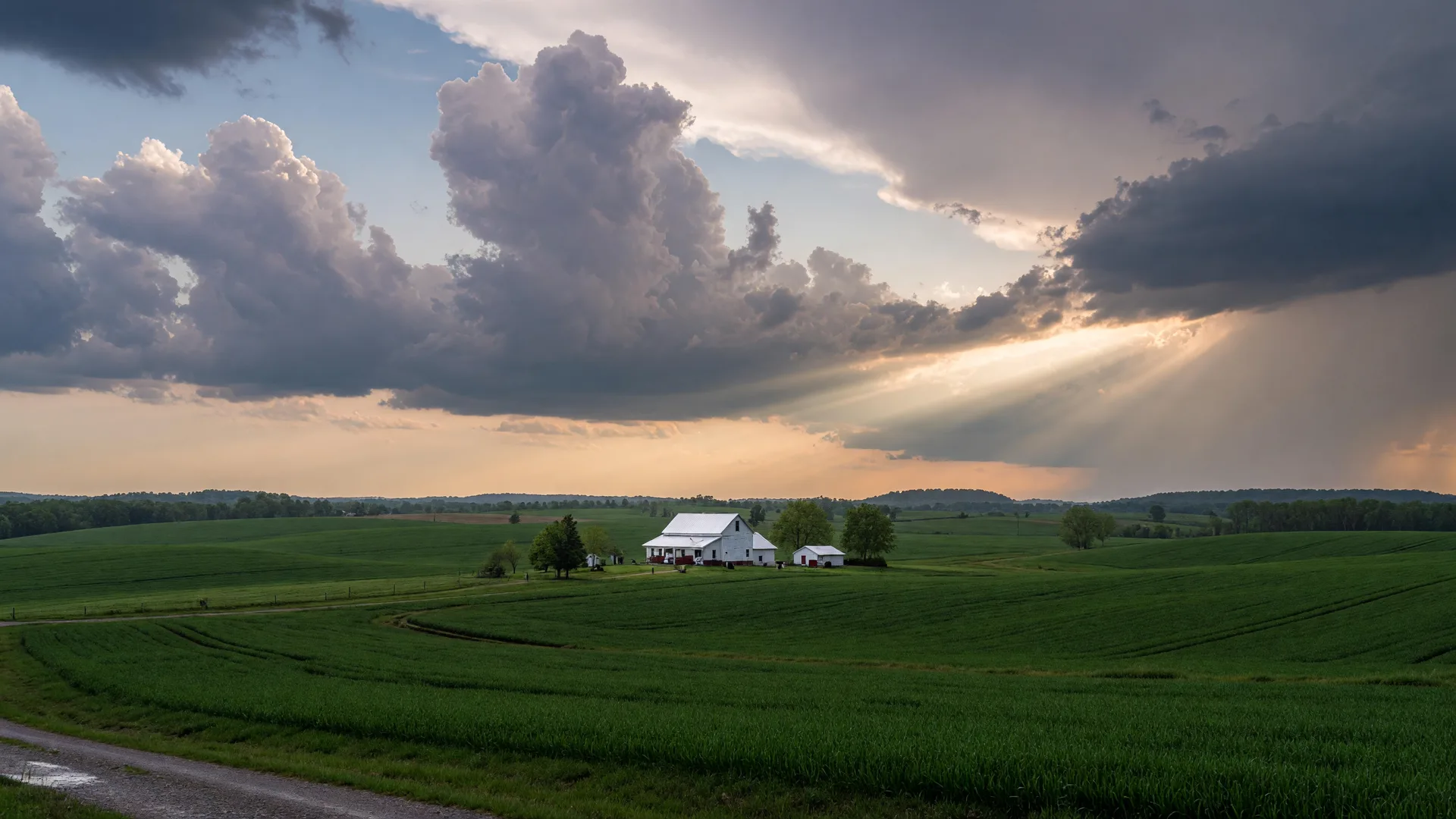Rolling green Kentucky farmland under a dramatic post-storm sky, with a white farmhouse catching a shaft of sunlight