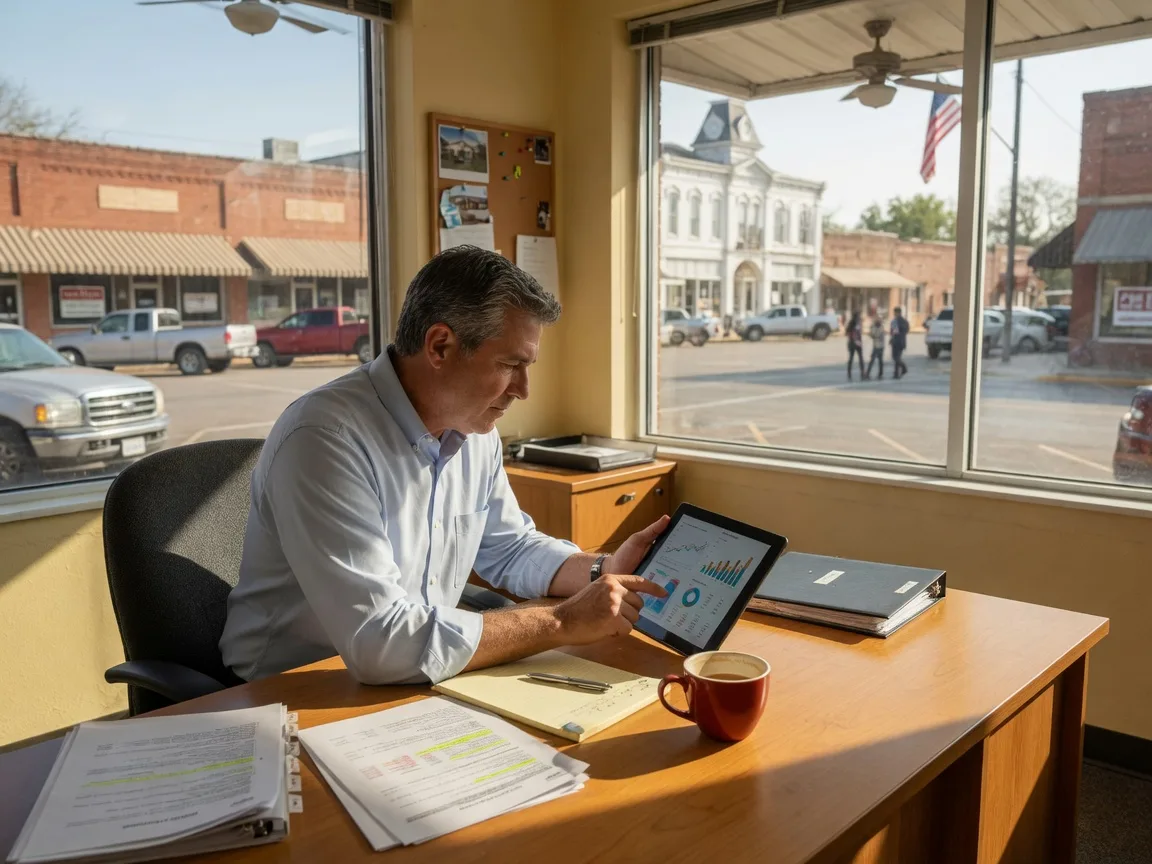 Commercial real estate investor reviewing market data on a tablet in a sunlit Texas office