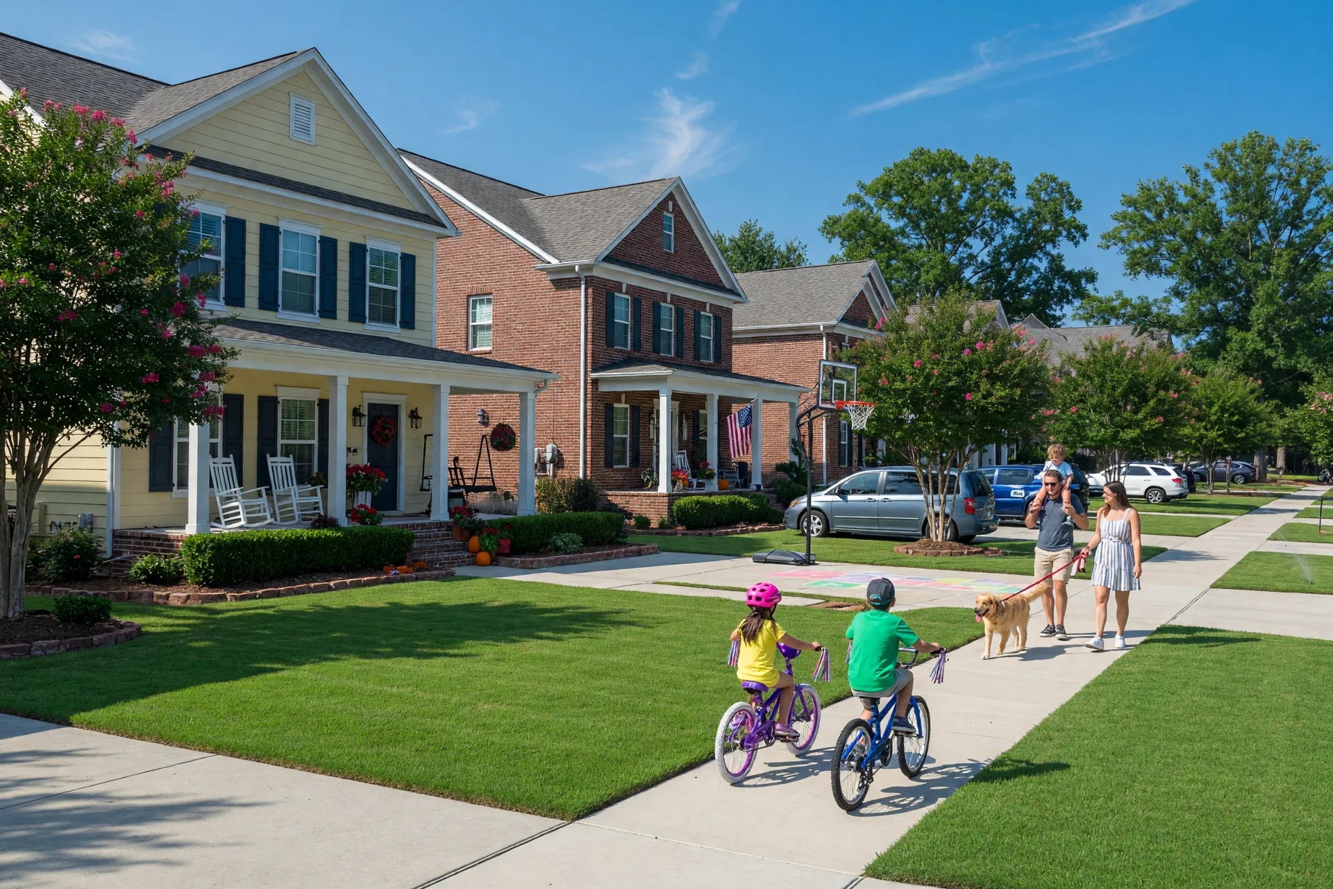 A sunny family-friendly street in Grayson, Georgia with craftsman and brick homes, children biking, and a family walking a dog