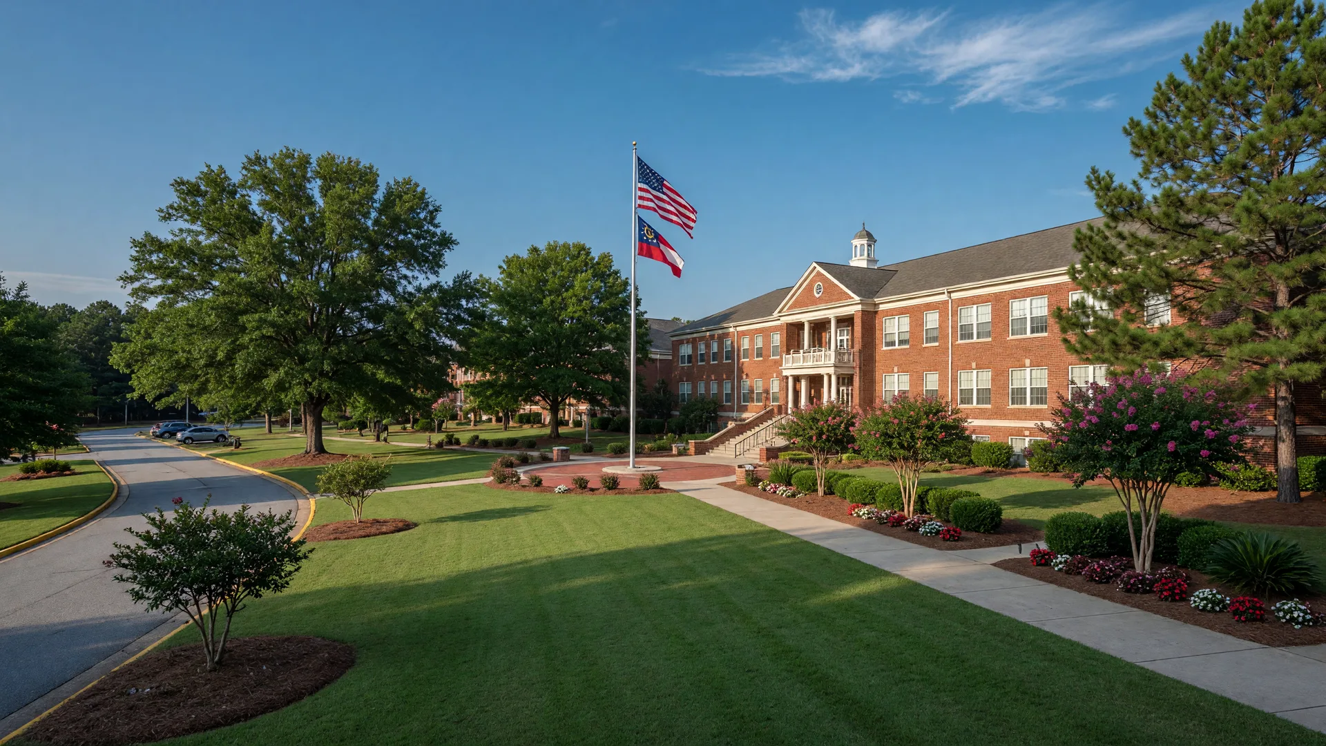 Modern red-brick suburban high school campus in North Fulton County with a flagpole, green lawns, shade trees, and southern pines