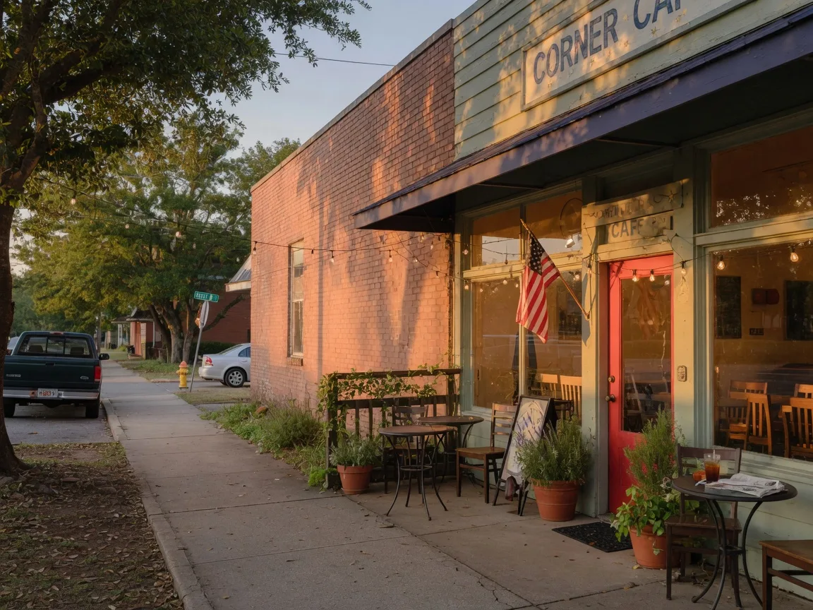 The glowing storefront of a small neighborhood cafe with bistro tables and string lights at golden hour in Flowery Branch Georgia