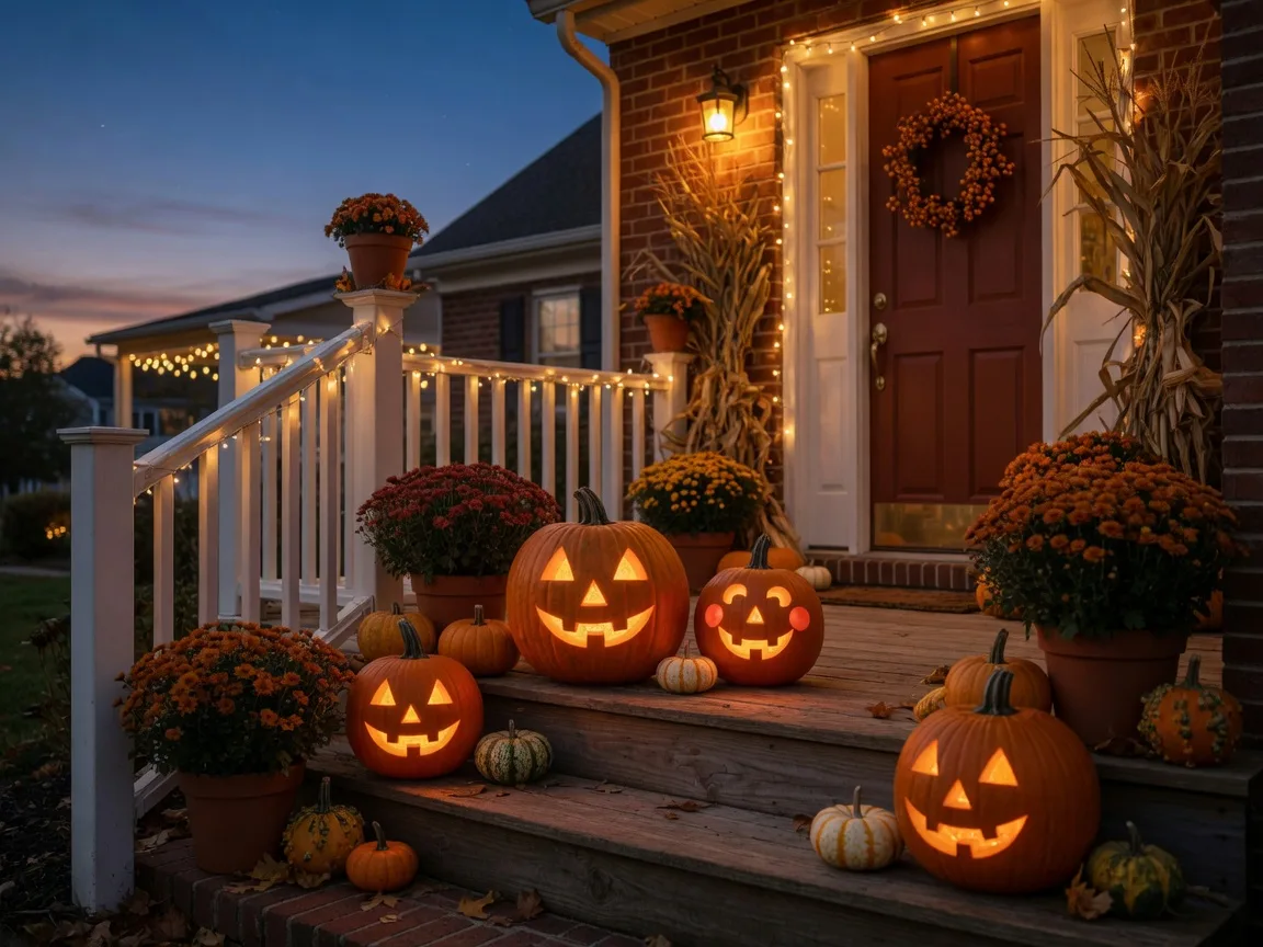 Cheerful carved jack-o'-lanterns glowing on a welcoming front porch surrounded by pumpkins, gourds, and mums