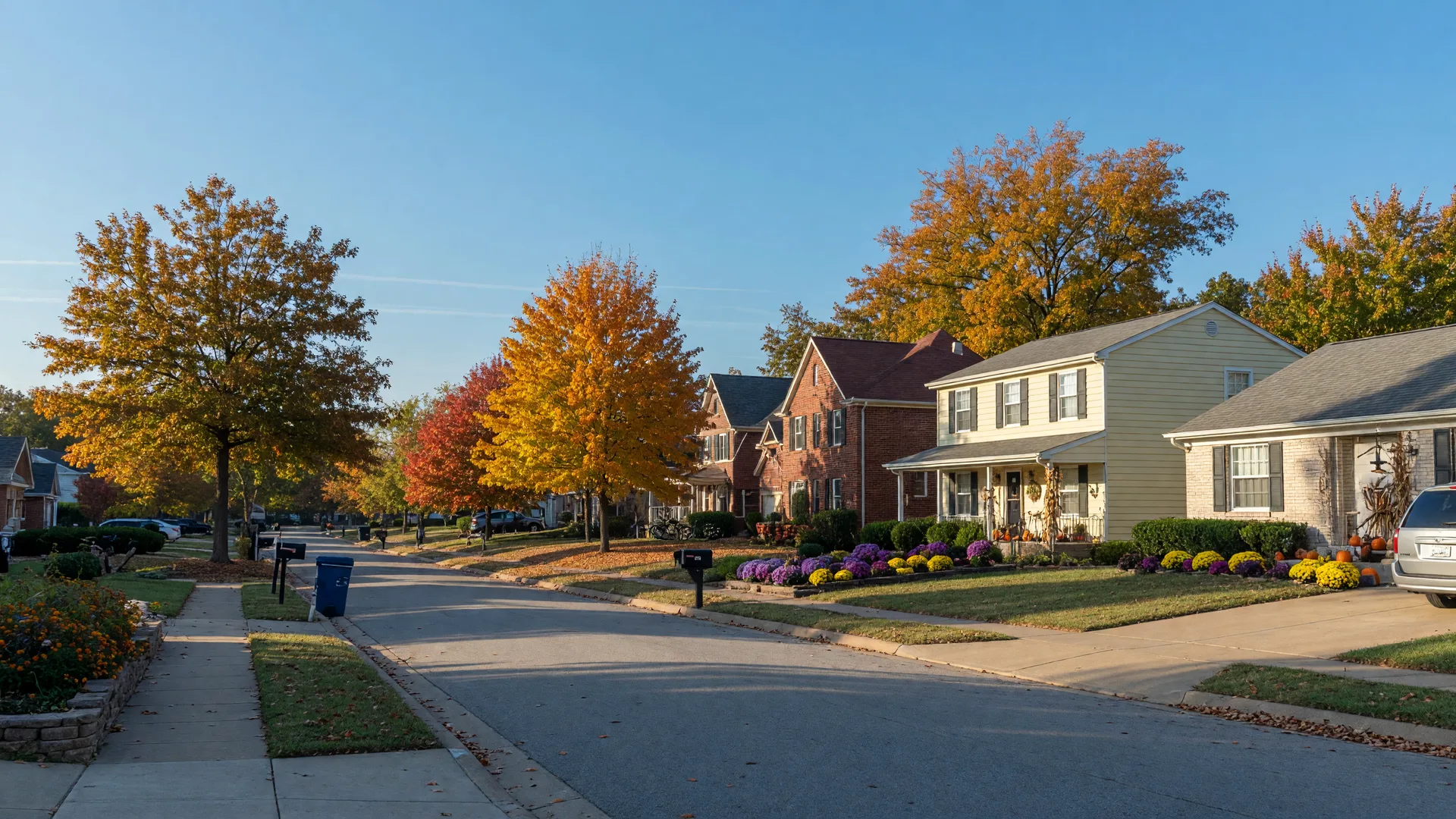 Quiet residential street in a Tulsa Metro suburb with well-kept homes and trees in autumn color