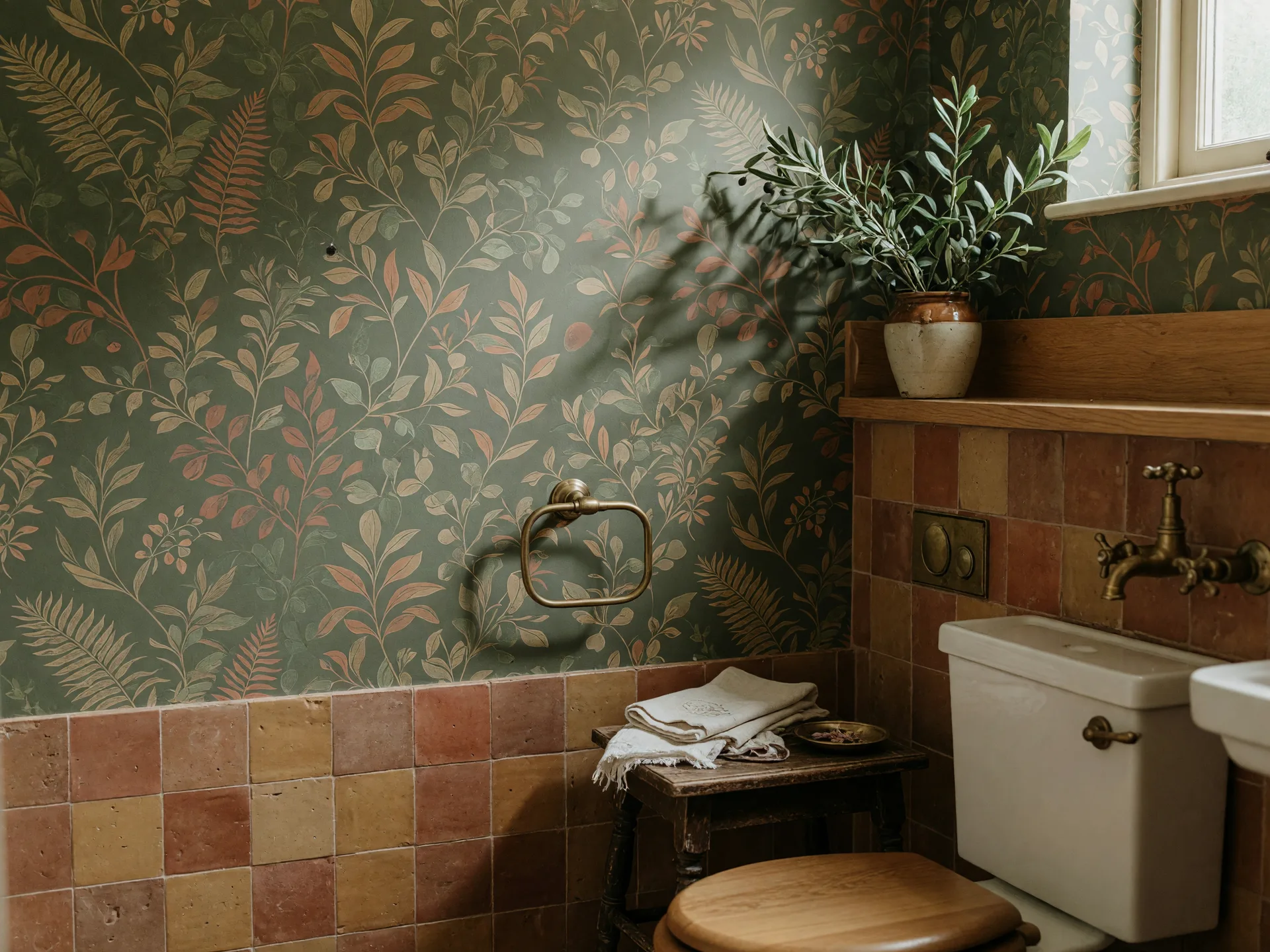 A stylish powder room with a moss green botanical wallpaper accent wall, terracotta and ochre tones, aged brass fixtures, artisan tile, and a vintage wooden stool with folded linen towels.
