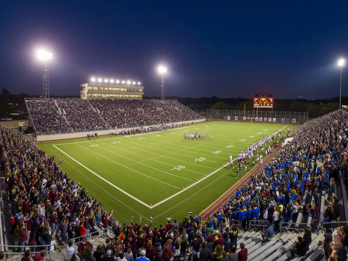 Nighttime photograph of a packed Texas high school football stadium with bright stadium lights and full bleachers, showing the community-driven culture of Texas high school sports